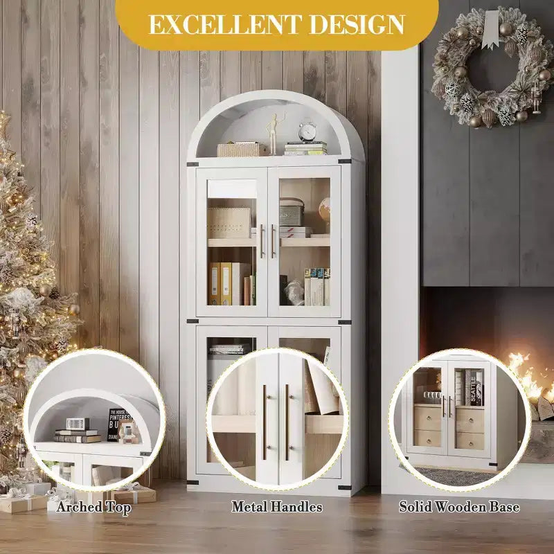 Bibliothèque haute à arche, 182 cm, avec 2 tiroirs intérieurs, meuble de rangement autonome avec dispositif anti-basculement, convient pour le salon, la chambre à coucher