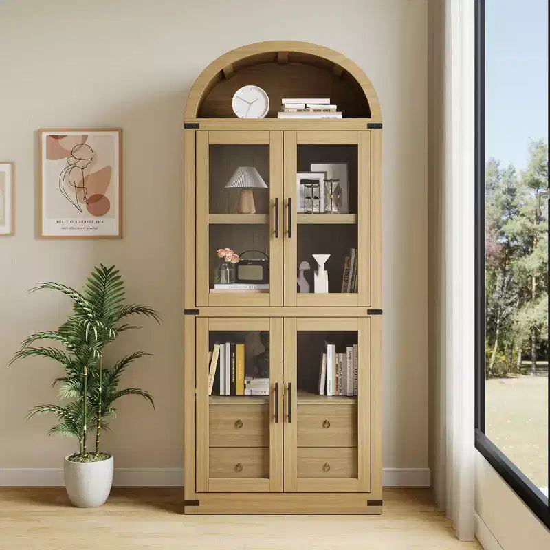 Bibliothèque haute à arche, 182 cm, avec 2 tiroirs intérieurs, meuble de rangement autonome avec dispositif anti-basculement, convient pour le salon, la chambre à coucher
