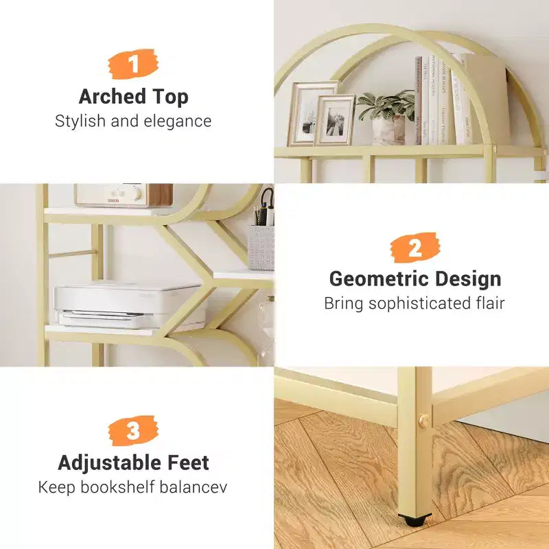 Bibliothèque à 6 étagères, bibliothèque de luxe arquée, design moderne en métal et bois, adaptée au salon, au bureau et à la chambre.