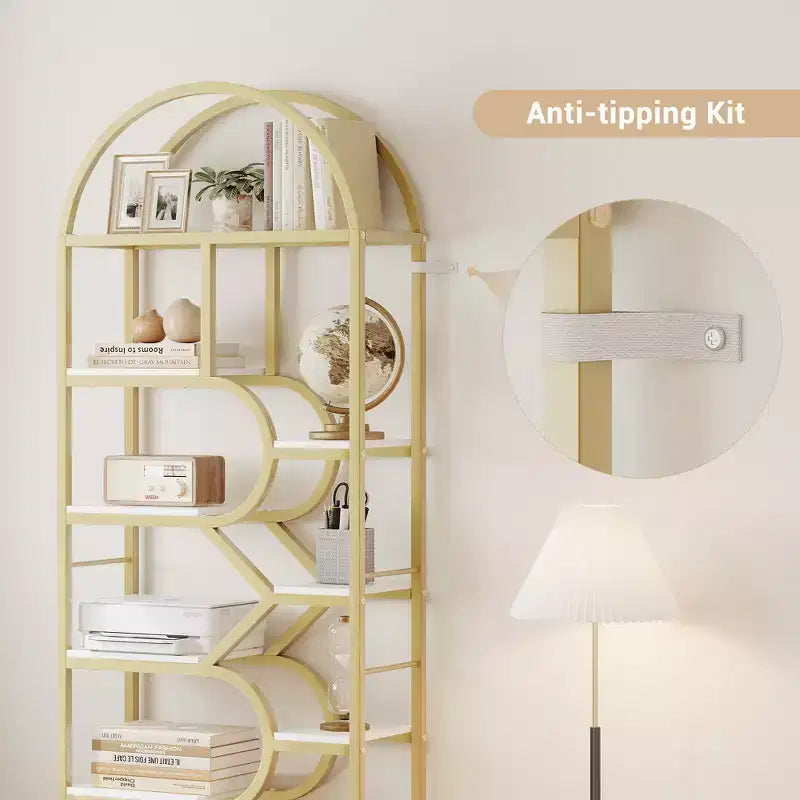 Bibliothèque à 6 étagères, bibliothèque de luxe arquée, design moderne en métal et bois, adaptée au salon, au bureau et à la chambre.