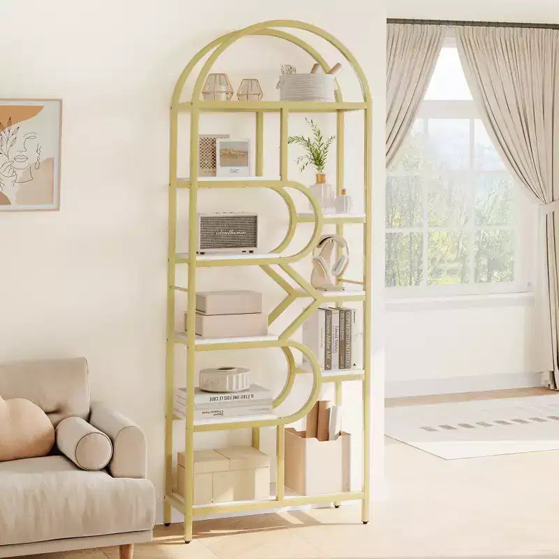 Bibliothèque à 6 étagères, bibliothèque de luxe arquée, design moderne en métal et bois, adaptée au salon, au bureau et à la chambre.