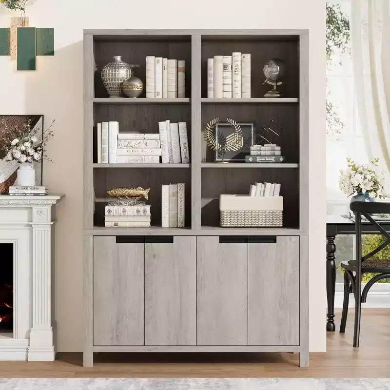 Bibliothèque haute de 180 cm, étagère à 3 niveaux double largeur avec portes d'armoire, grande bibliothèque autoportante adaptée au salon, au bureau, à la bibliothèque