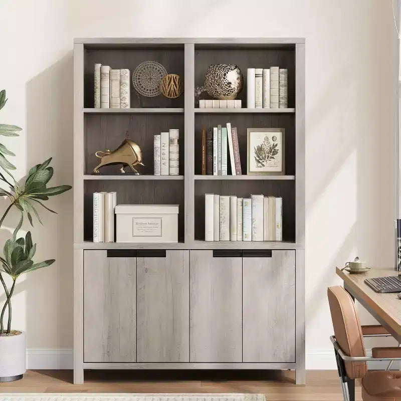 Bibliothèque haute de 180 cm, étagère à 3 niveaux double largeur avec portes d'armoire, grande bibliothèque autoportante adaptée au salon, au bureau, à la bibliothèque