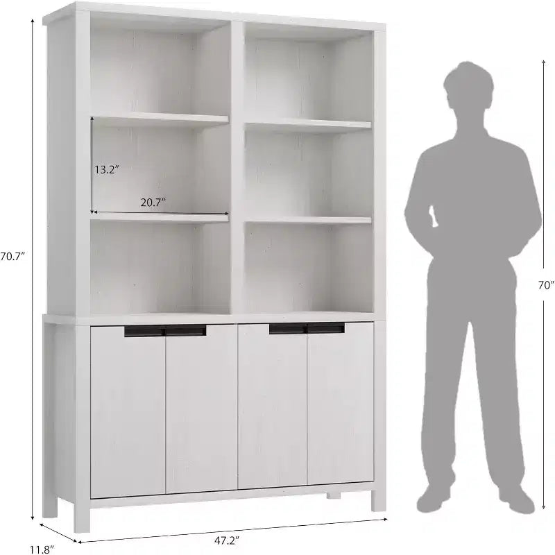 Bibliothèque haute de 180 cm, étagère à 3 niveaux double largeur avec portes d'armoire, grande bibliothèque autoportante adaptée au salon, au bureau, à la bibliothèque