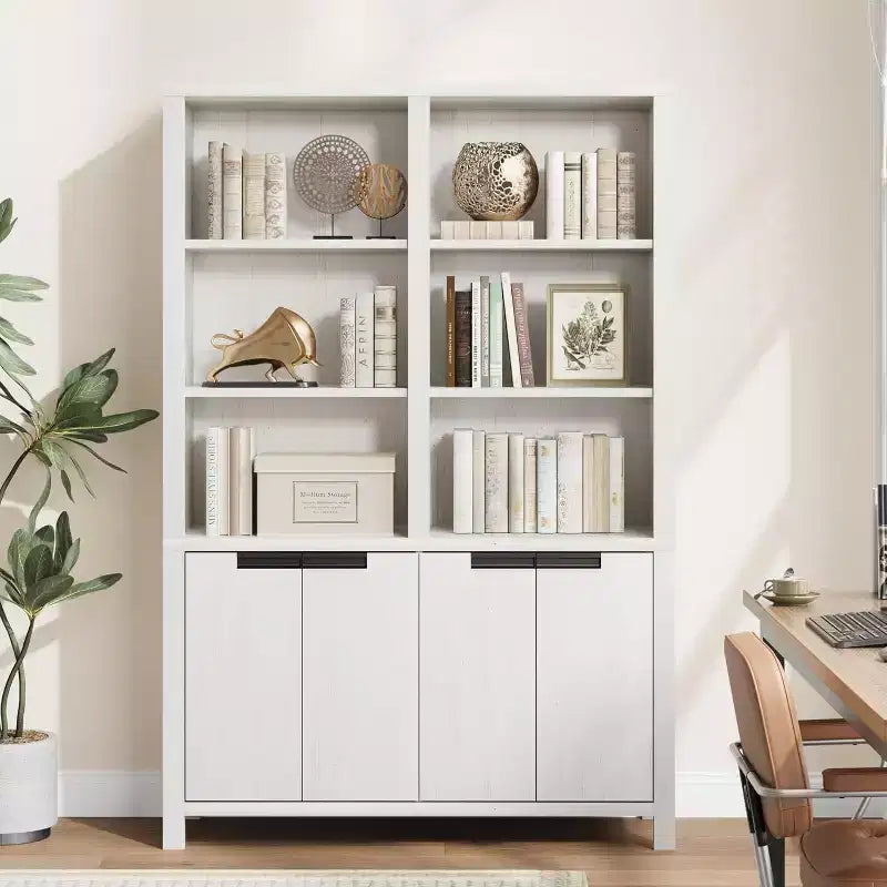 Bibliothèque haute de 180 cm, étagère à 3 niveaux double largeur avec portes d'armoire, grande bibliothèque autoportante adaptée au salon, au bureau, à la bibliothèque