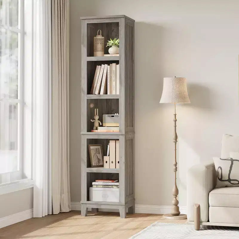 Bibliothèque Étroite 5 Niveaux Étagère de Ferme Bibliothèques en Bois Étagère Rustique Vintage Chêne pour Bureau à Domicile, Salon, Chambre à Coucher, Gris