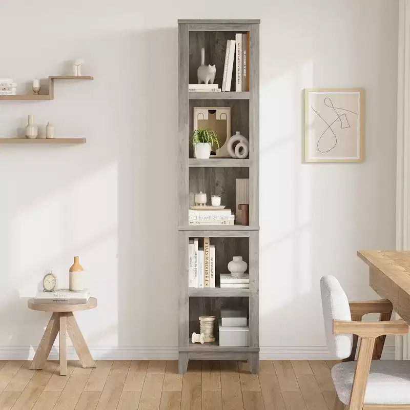 Bibliothèque Étroite 5 Niveaux Étagère de Ferme Bibliothèques en Bois Étagère Rustique Vintage Chêne pour Bureau à Domicile, Salon, Chambre à Coucher, Gris