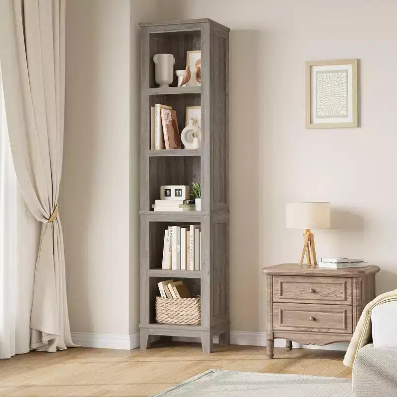 Bibliothèque Étroite 5 Niveaux Étagère de Ferme Bibliothèques en Bois Étagère Rustique Vintage Chêne pour Bureau à Domicile, Salon, Chambre à Coucher, Gris