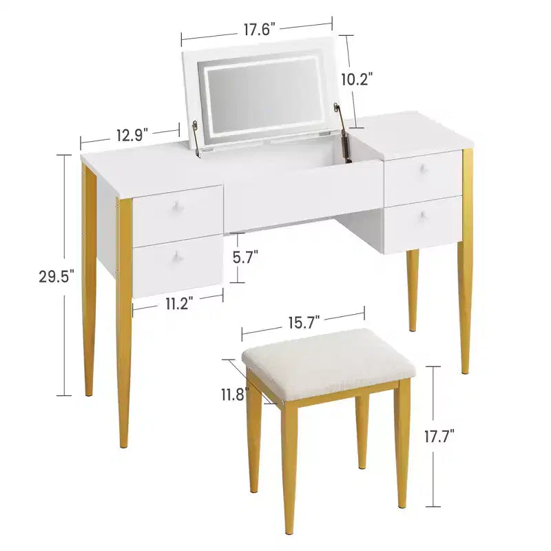 Petite coiffeuse avec miroir LED, plateau relevable et tiroirs pour chambre à coucher