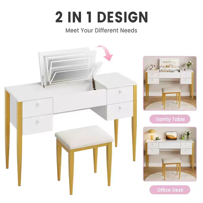 Petite coiffeuse avec miroir LED, plateau relevable et tiroirs pour chambre à coucher