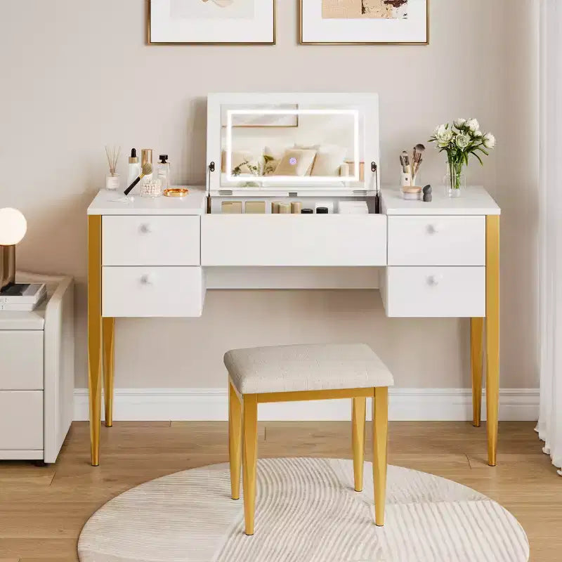 Petite coiffeuse avec miroir LED, plateau relevable et tiroirs pour chambre à coucher