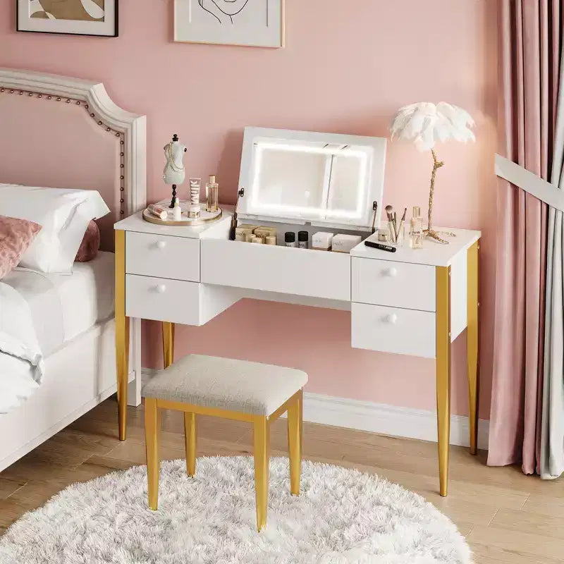 Petite coiffeuse avec miroir LED, plateau relevable et tiroirs pour chambre à coucher