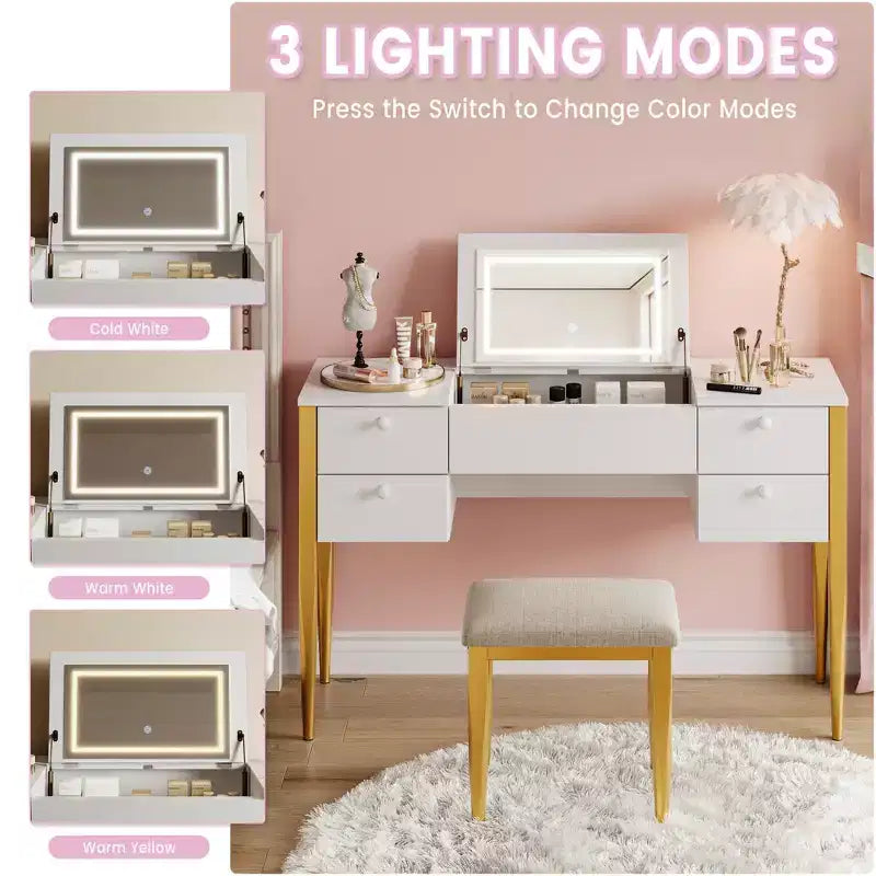 Petite coiffeuse avec miroir LED, plateau relevable et tiroirs pour chambre à coucher