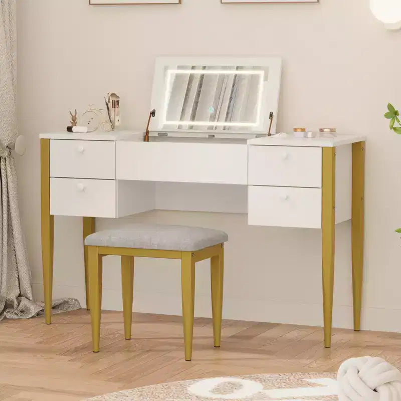 Petite coiffeuse avec miroir LED, plateau relevable et tiroirs pour chambre à coucher