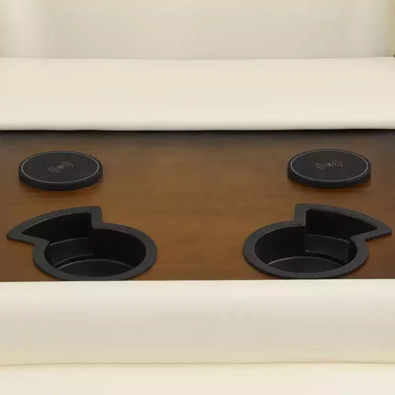 Canapé inclinable électrique 3 places avec port USB, éclairage LED et tablette réversible – Écru