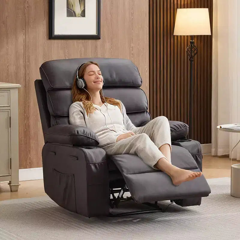 Fauteuil inclinable manuel extra large en cuir PU pour adultes avec massage et chauffage, grand fauteuil paresseux avec accoudoirs et dossier confortables 1,5 fois plus épais en éponge pour salon