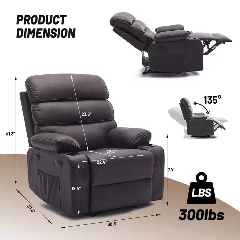 Fauteuil inclinable manuel extra large en cuir PU pour adultes avec massage et chauffage, grand fauteuil paresseux avec accoudoirs et dossier confortables 1,5 fois plus épais en éponge pour salon