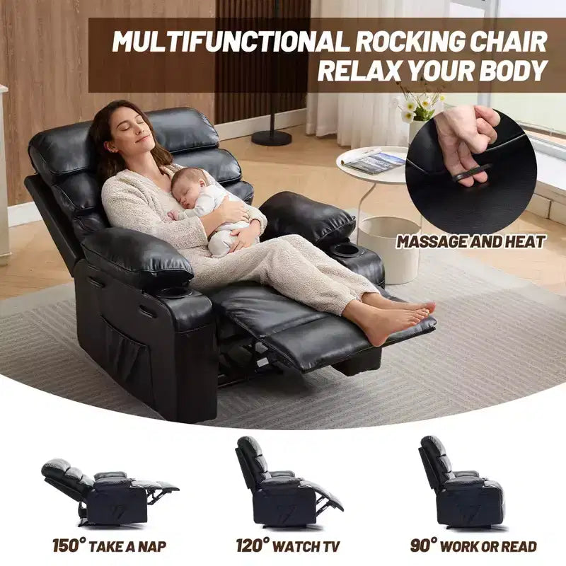 Fauteuil inclinable manuel extra large en cuir PU pour adultes avec massage et chauffage, grand fauteuil paresseux avec accoudoirs et dossier confortables 1,5 fois plus épais en éponge pour salon