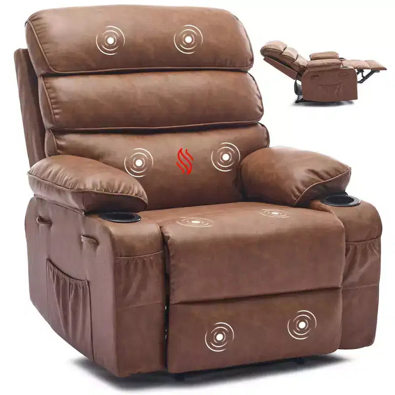 Fauteuil inclinable manuel extra large en cuir PU pour adultes avec massage et chauffage, grand fauteuil paresseux avec accoudoirs et dossier confortables 1,5 fois plus épais en éponge pour salon