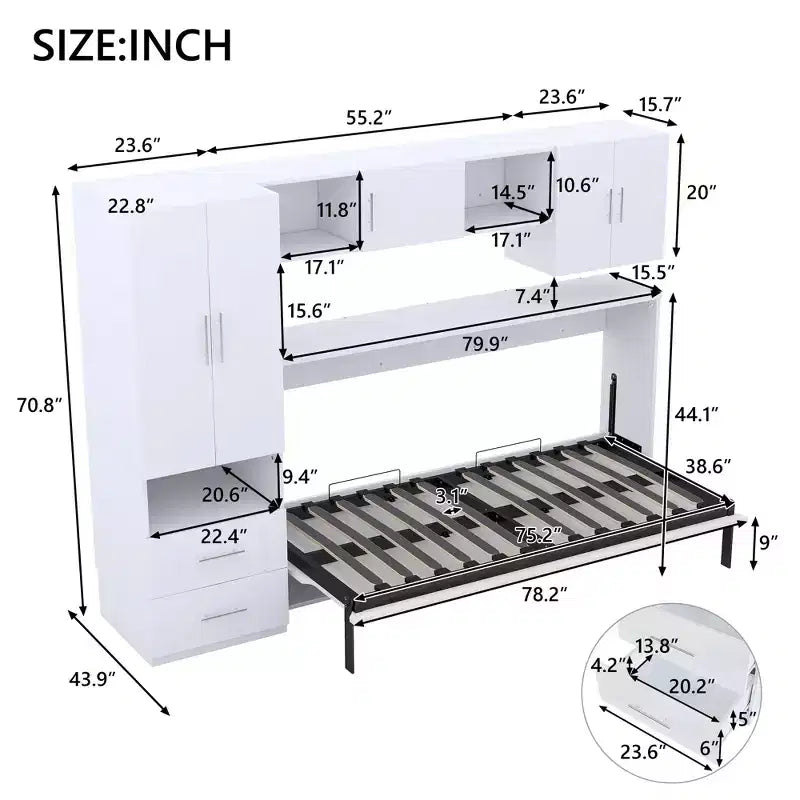 Lit mural escamotable Twin Size avec étagères de rangement et armoire, lit escamotable pliant avec table pour chambre à coucher ou chambre d'amis, blanc